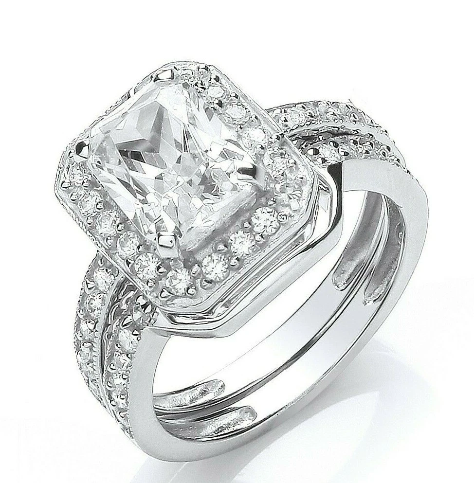 Bridal Set Engagement Ring Wedding Ring Cluster Platinum Plated Sterling Silver
