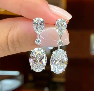 3 Stone Earrings Dangle Drop Earrings For Women Oval Cut Moissanite Drop Earring