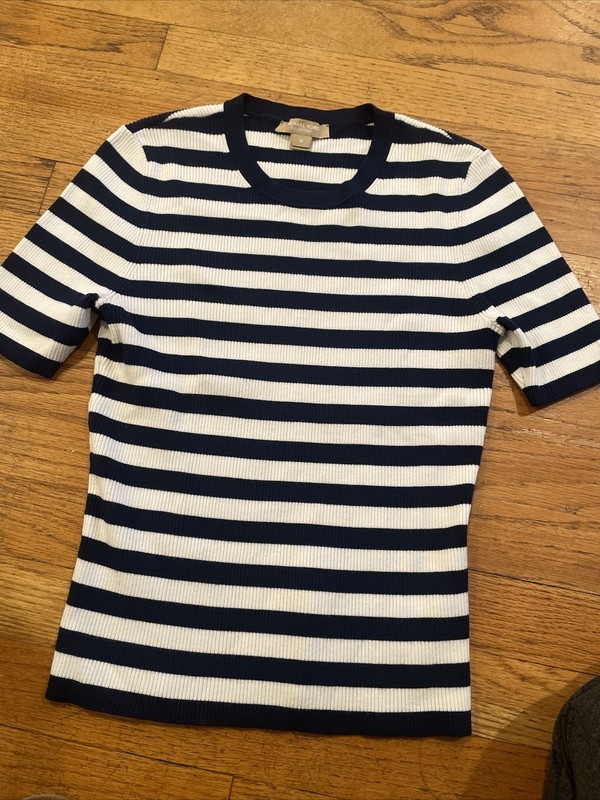 Michael Kors Ladies Blue & White Striped Ribbed Short Sleeve Top  Size M
