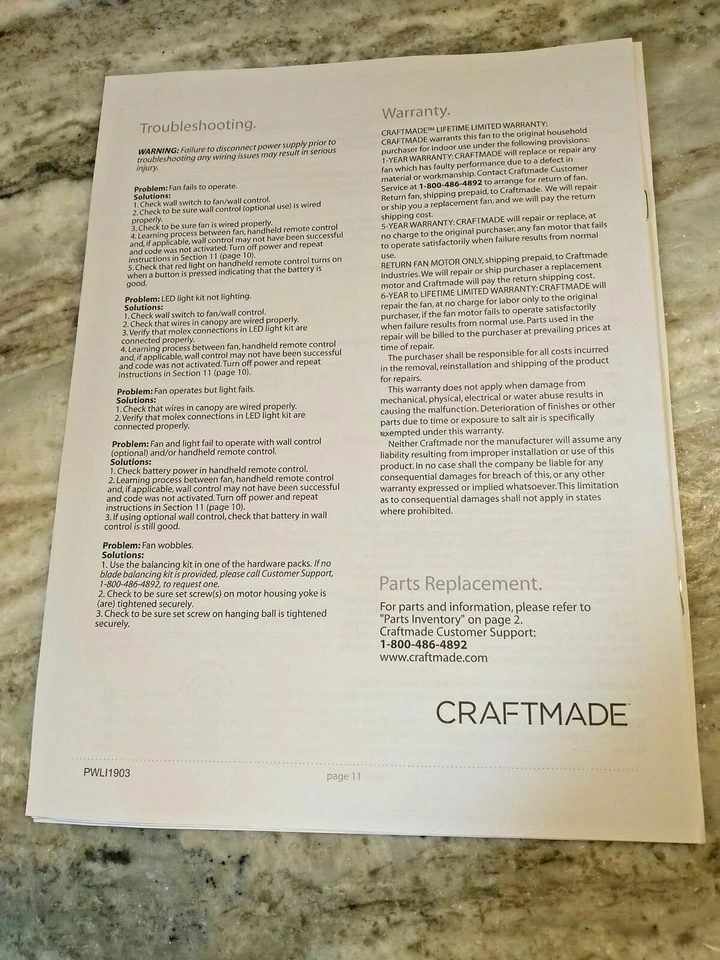 Craftmade VS60-LED Vesta 60" 5 Blade Ceiling Fan Owners Manual Only - Image 2 of 4