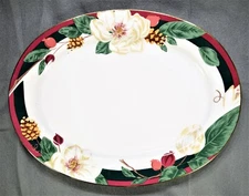 Tienshan MAGNOLIA 14" Oval Serving Platter, Fine China, Red/Green Bands, Cones