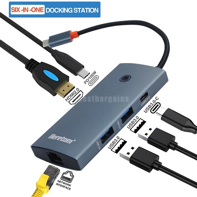 6 in 1 Type-C HUB HDMI USB 3.0 RJ45 LAN PD Port Adapter Laptop Docking Station