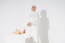 Women’s White Solid Maxi Dress M High Neck Balloon Long Sleeve Pleated
