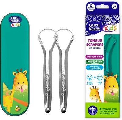 Kinder Zungenschaber 2er Pack, medizinischer Edelstahl mit Etui