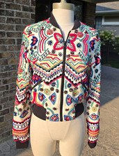 alice olivia Beaded Embroidered Geometric Bomber Jacket Cream Multi XS Zip