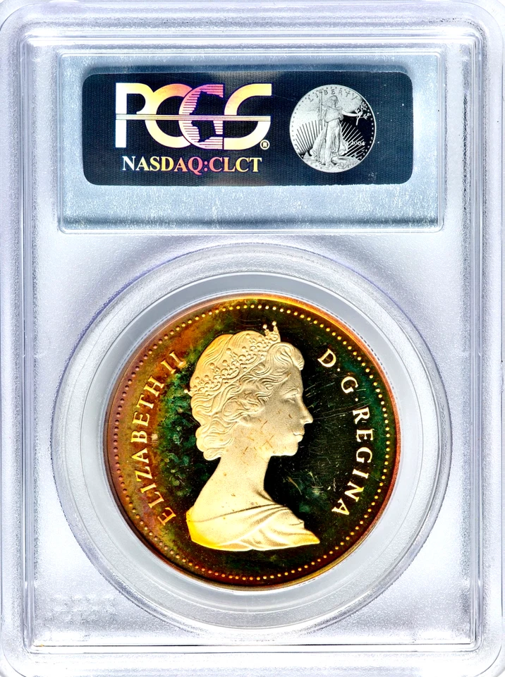 1987 CANADA Elizabeth II John Davis Silver Dollar PCGS PR67 DCAM Rainbow Toned - Image 3 of 3