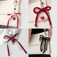 Red Cherry Pearl Keychain Ribbon Bowknot Keyring Bag Pendant Key Hanging Decor