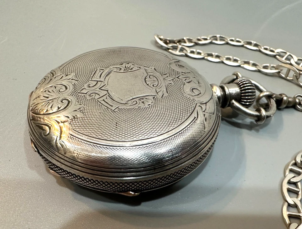 Reloj Bolsillo Hamilton s.18 Caja Hunter Plata, con Cadena Plata 20 pulgadas Foto 2 de 4