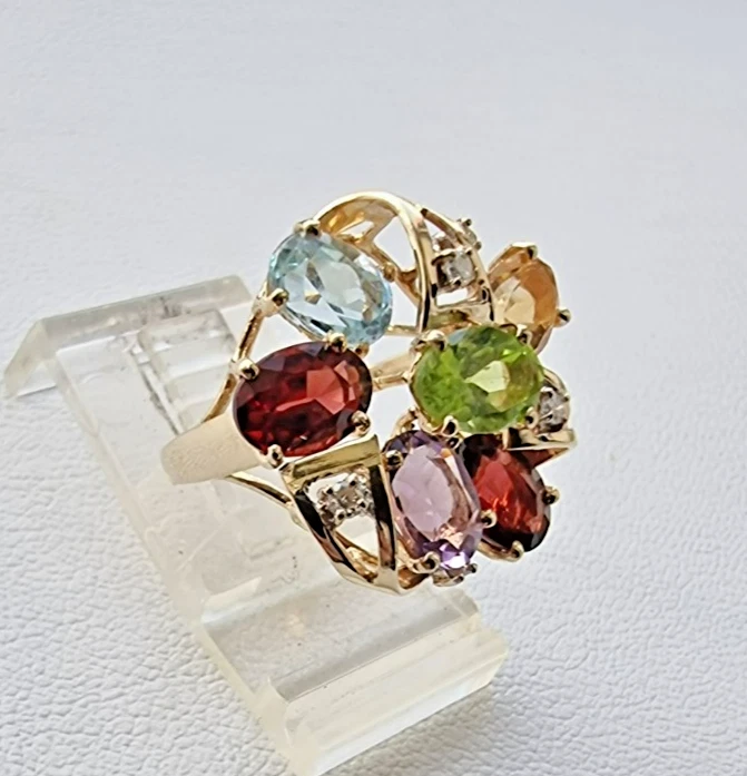 ORO AMARILLO 14K 585 DIAMANTE Y 7x5 mm. ANILLO MULTI PIEDRAS PRECIOSAS TALLA 5,75, 4,9 GRAMOS Foto 4 de 4