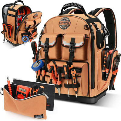 Heavy Duty Tool Backpack with 2 Bags, Laptop Compartment & Lock, Water-Resistant
