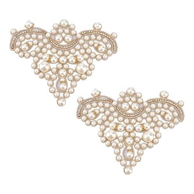 2PCS Pearl Shoe Patches Gold Sew on Rhinestone Imitation Pearl Beaded Appliqu...