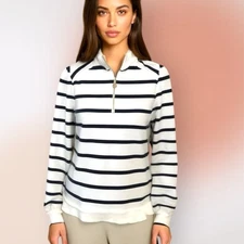 Charter Club White with Navy Stripes 1/4 Zip Long Sleeve Pullover Top Size PM