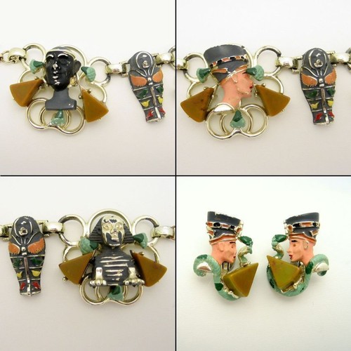 RARE HOBE Vintage Egyptian Enamel Bakelite Necklace Earrings Set Mummy Sphinx - Picture 5 of 6