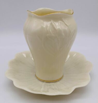 Vintage Belleek Ireland 2 Piece Tulip Shaped Vase & Petal Plate Ivory Gilded