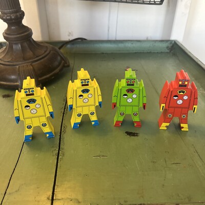 Schylling Robots Wooden Set Of 4 Colorful Stacking Toys. EUC! Replacement.