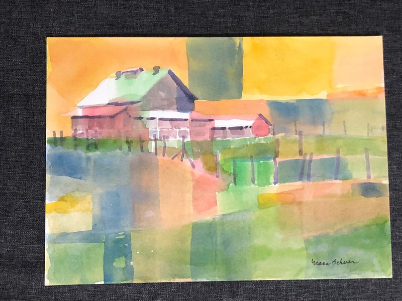 Original Watercolor Painting Modern Barn Farm Barnyard Life