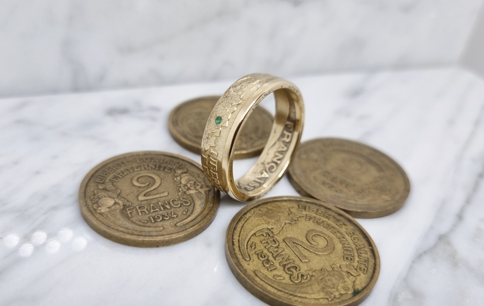 Bague pièce de monnaie 2 Francs Morlon émeraude, alliance originale coin ring homme femme