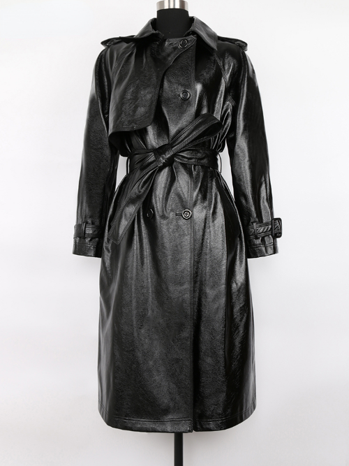 Autumn Long Loose Reflective Patent Leather Trench Coat