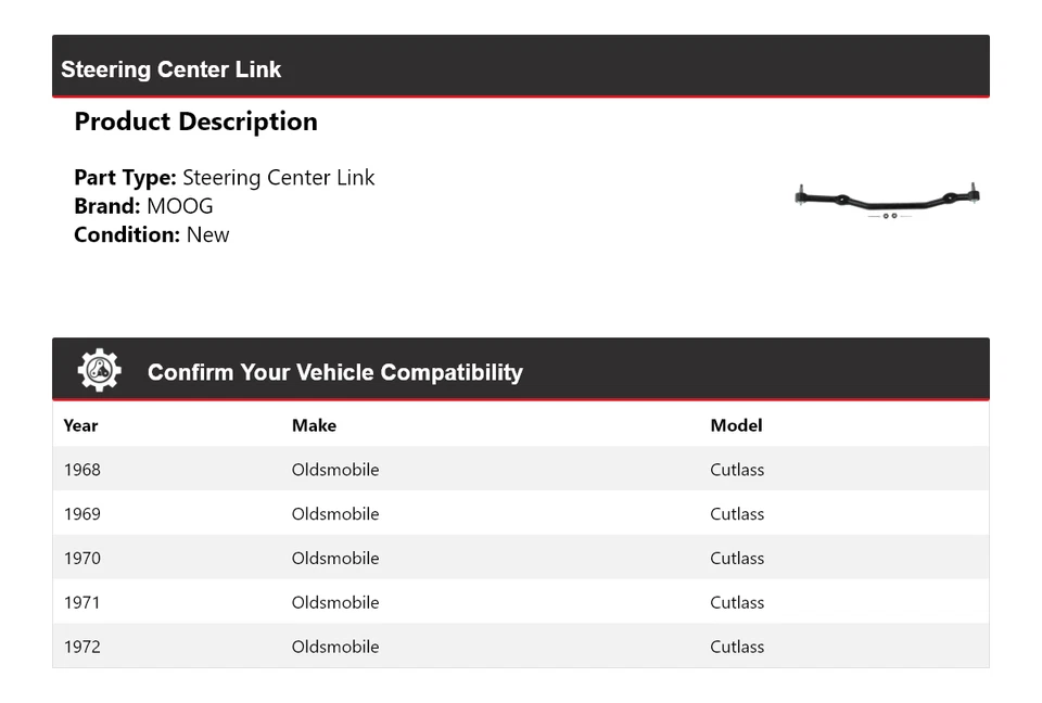 Eslabón central de dirección Oldsmobile Cutlass 1968-1972 MOOG 1968 1969 1970 1971 Foto 2 de 4