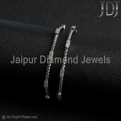 Natural Pave Diamond 925 Sterling Silver Stackable Jewelry Sleek Bangle 2 PC - Picture 3 of 12