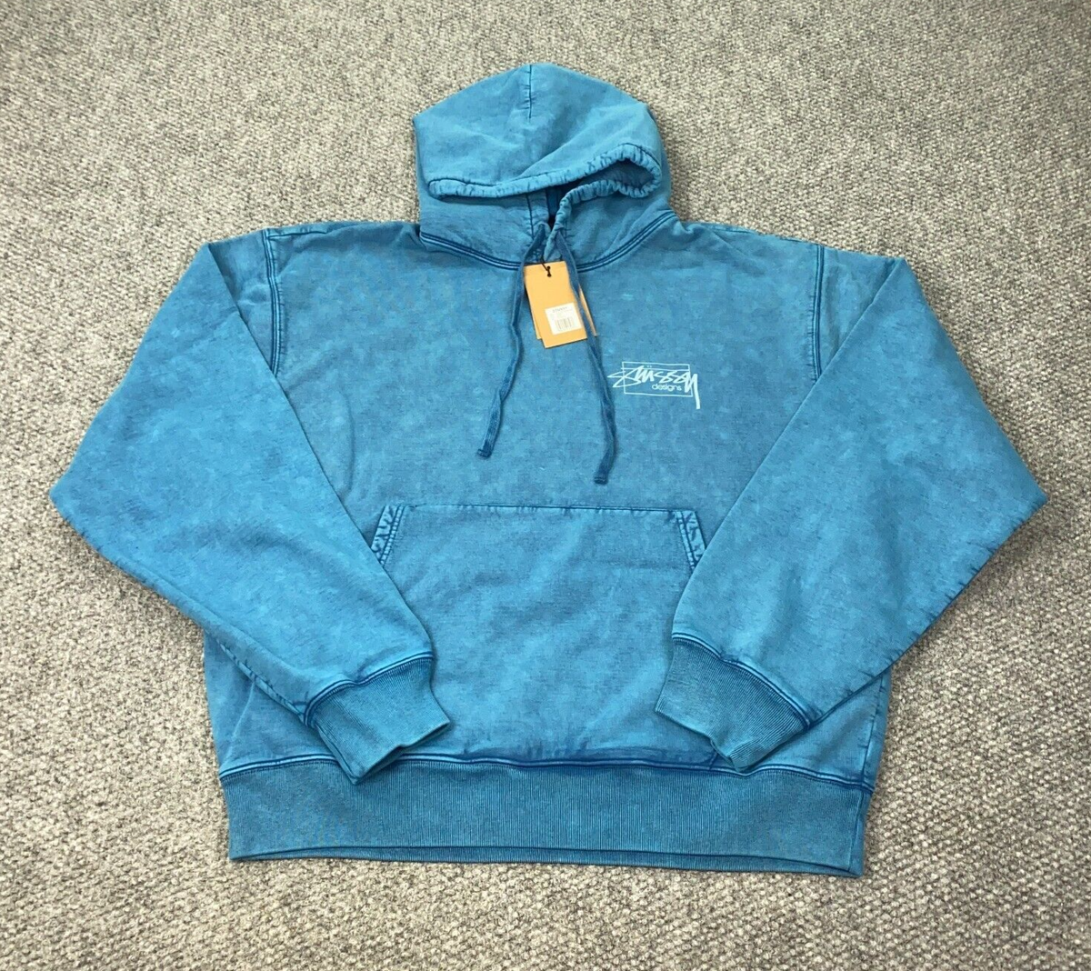 Stussy Dyed Designs Hoodie Mens XXL Blue Pigment Dyed