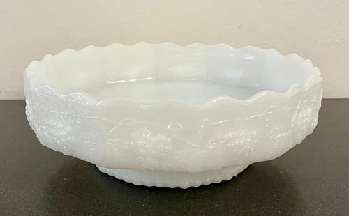 Vintage Anchor Hocking Fire King Milk Glass GrapeVine Pattern Footed Fruit Bowl