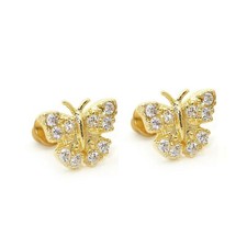 14K Yellow Gold Plated Pave Butterfly Children Screw Back Earrings Christmas