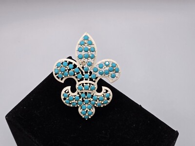 Lisner Fleur De Lis White Enamel W/ Baby Blue Opaque Rhinestones Brooch