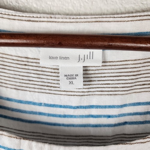 J. Jill Love Linen Dress Blue & Brown Stripes Patch Pockets Sz XL Chore READ - Picture 6 of 11