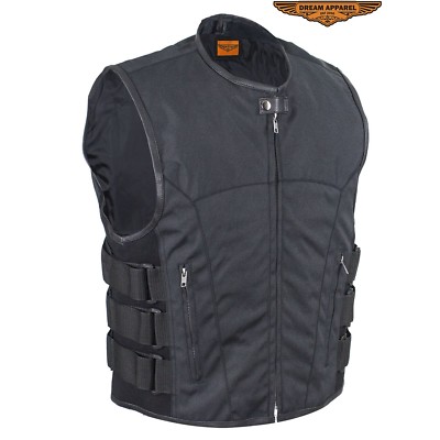 Mens Concealed Carry Black Textile Motorcycle Club Biker Vest with Zippers 