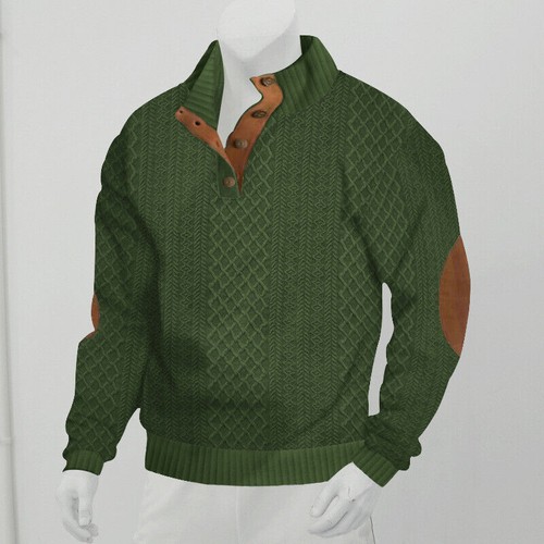 Men's Jacquard Sweatshirt Stand Collar Slim Long Sleeve Top Knit Pullover Hoodie - Picture 20 of 32