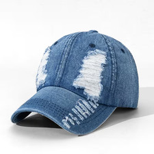 Unisex Dad Hat Distressed Ball Cap Adjustable Denim Hat Medium Blue Wash NEW