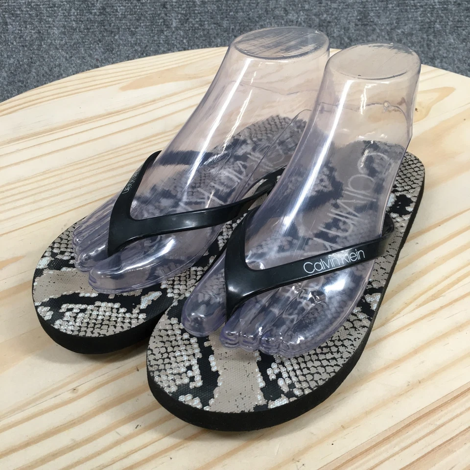 Calvin Klein Sandals Womens 6 Sanica Snake Print Slip On Flip Flops Black Gray - Image 3 of 4