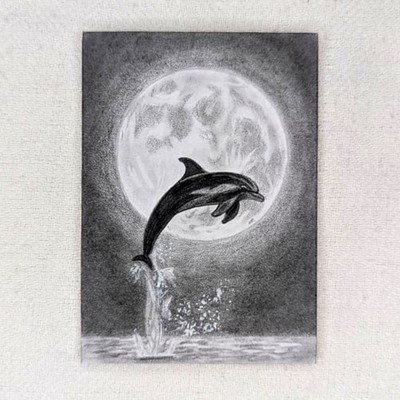 ACEO OOAK Original Pencil Drawing Jumping Dolphin Ocean Full Moon Sea Mini Art