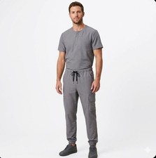 FIGS Scrub Set Grey Mens L Henley Top Cargo Jogger Pants Stretch Uniform Comfort