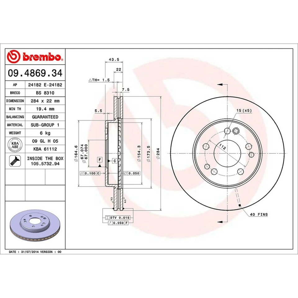 Rotor de freno de disco Brembo 09.4869.34 para modelos seleccionados de Mercedes-Benz 86-95 Foto 3 de 4