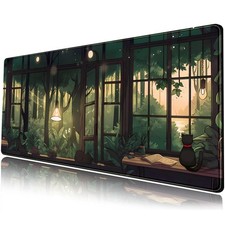 Cute Lofi Desk Mat Green Plants Mouse Pad Large Black Cat Aesthetic Desk Pad ...