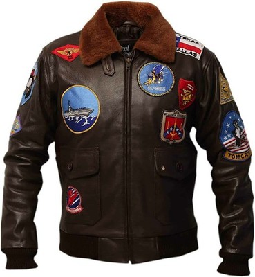 Mens Top Gun Premium Brown Sheep Maverick Bomber Leather Biker Jacket