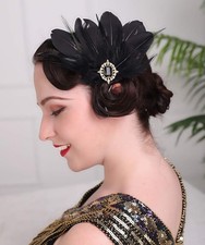 1920s Flapper Black Feather Headpiece Crystal Roaring 20s Hair Clip Prop