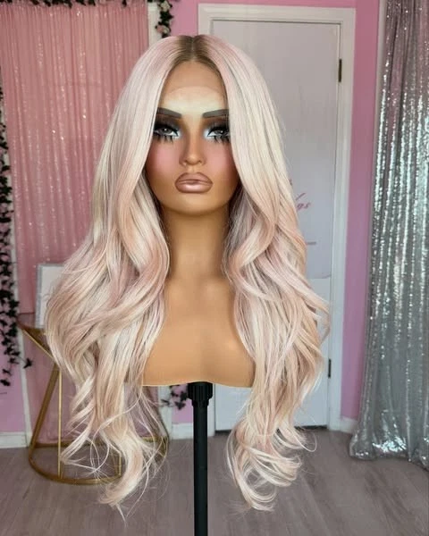 24 Inch Ombre Pink Platinum Blonde Wigs 100% Human Hair Lace Front Wig Body Wave - Image 2 of 4