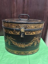 Antique Victorian Decorated Oval Metal Hat Box with Latch