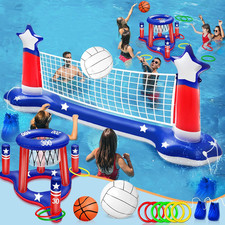 Inflatable Pool Games 3-in-1 Set   Volleyball, Basketball Hoop  Ring Toss for K