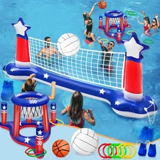 Inflatable Pool Games 3-in-1 Set – Volleyball, Basketball Hoop & Ring Toss for K