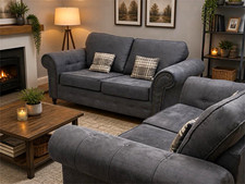 Set of 2 dark grey faux leather sofas in excellent condition
