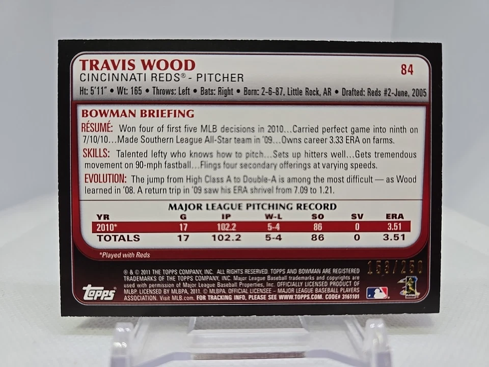 2011 Bowman Travis Wood 153/250 Orange Border #84 Cincinnati Reds - Image 2 of 2