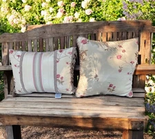 Croscill Rose Garden Floral Throw Pillows x2 16x16 & 16x12 Embroidered Tassels