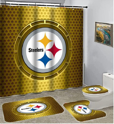 Pittsburgh Steelers 4 Logo Shower Curtain Non-Slip Toilet Lid Cover Bath Mat - B