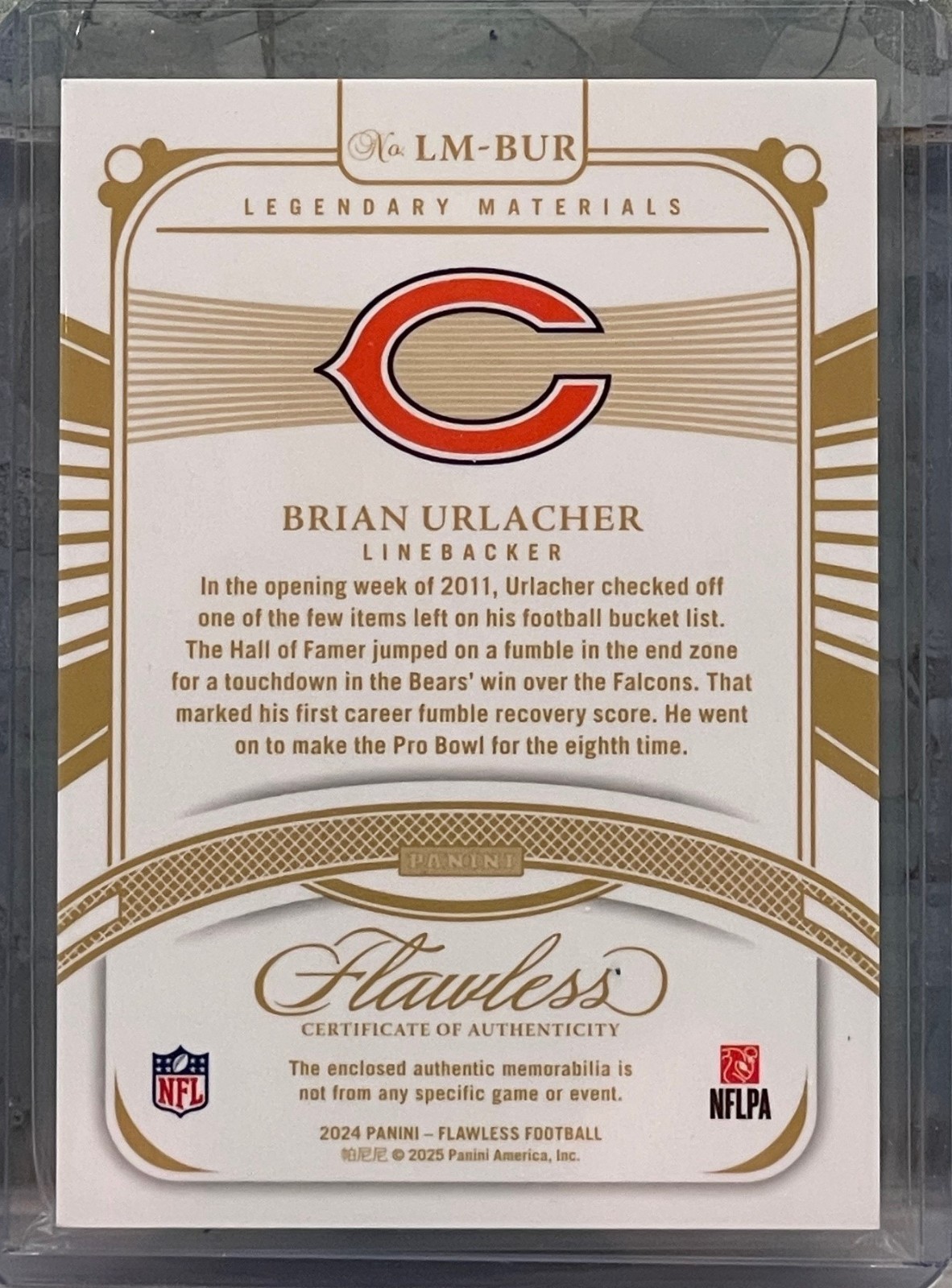 2024 Flawless Legendary Materials NFL Shield Patch Brian Urlacher 1/1 Platinum view 2