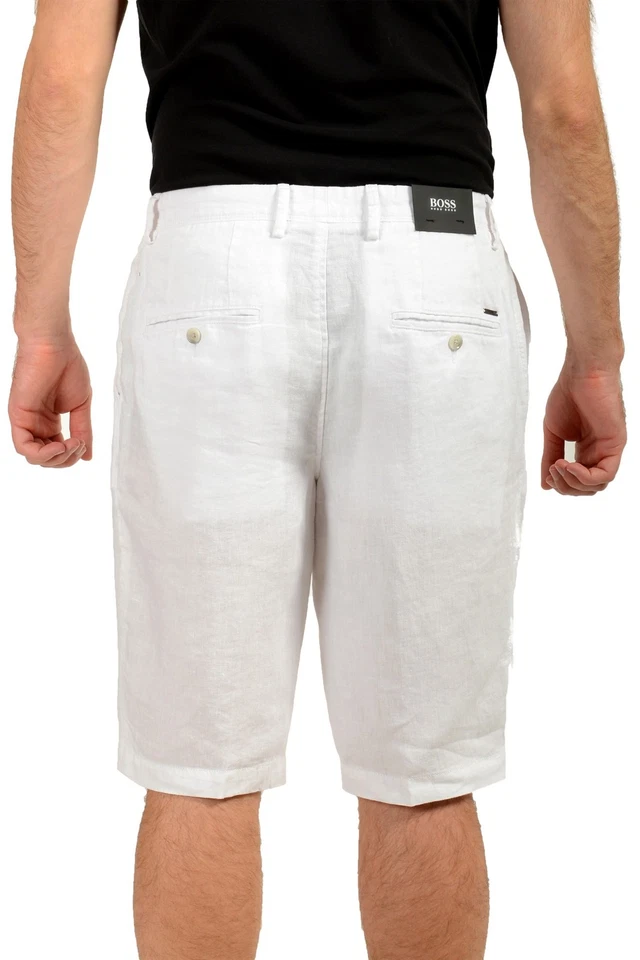 Pantalones Cortos Hugo Boss Para Hombre "Rigan-Short" Blanco 100% Lino Frente Plano EE. UU. 32R IT 48 Foto 3 de 4
