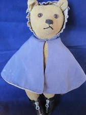 Antique Teddy BEAR Straw Stuffed w Blue Cape and Hood Boots Mohair 16" Jointed